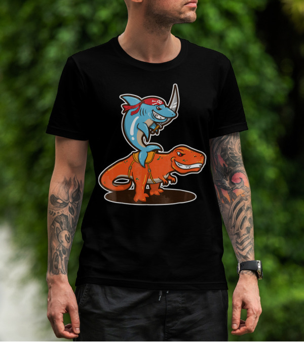 Pirate Shark Riding A T-Rex Dinosaur Adventure T-Shirt