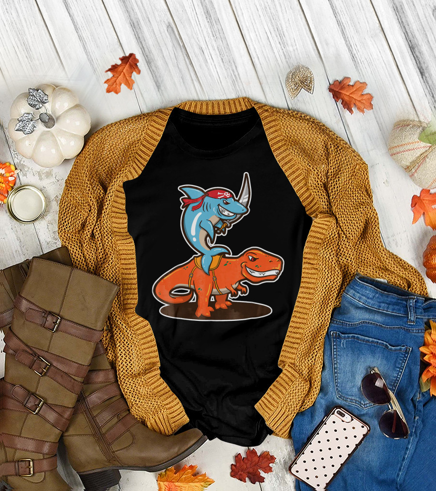 Pirate Shark Riding a T-Rex Dinosaur Adventure T-Shirt