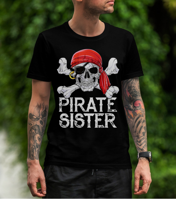 Pirate Sister Skull With Red Bandana And Crossbones T-Shirt