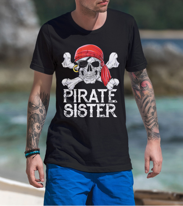 Pirate Sister Skull With Red Bandana And Crossbones T-Shirt