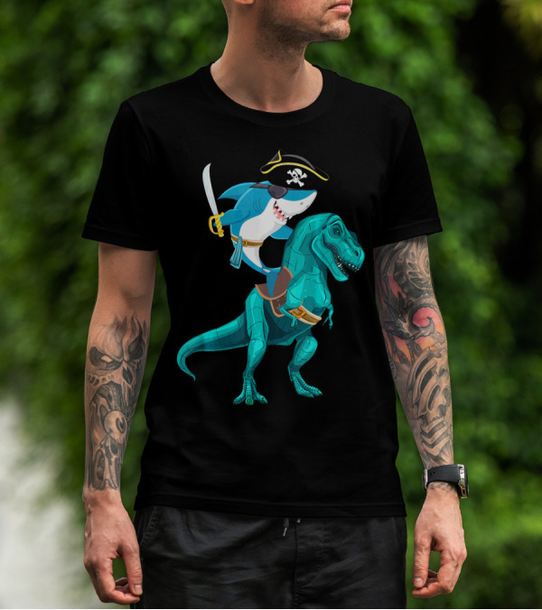 Shark Pirate On T-Rex For Kids Boys Sons T-Shirt
