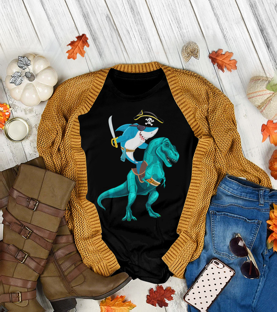 Shark Pirate on T-Rex for Kids Boys Sons T-Shirt