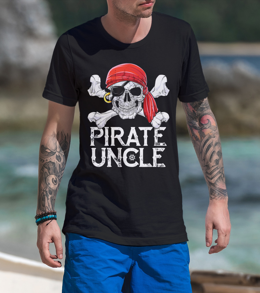 Pirate Uncle Skull Crossbones Jolly Roger Bandana Eyepatch T-Shirt
