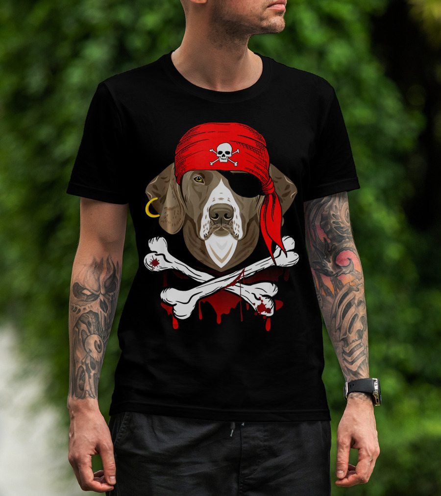 Weimaraner Dog Dad In Pirate Costume With Skull And Crossbones Bandana T-Shirt
