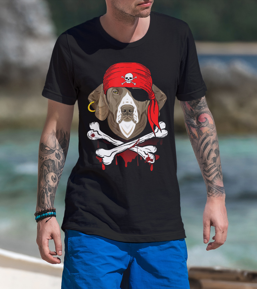 Weimaraner Dog Dad In Pirate Costume With Skull And Crossbones Bandana T-Shirt