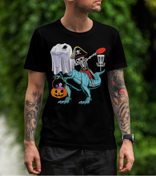 Dab Jolly Roger Skeleton Pirate On Dinosaur With Ghost Pumpkin And Frisbee T-Shirt