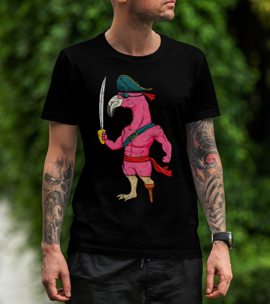 Vintage Pirate Pink Flamingo With Pirate Hat And Wooden Leg Sword T-Shirt
