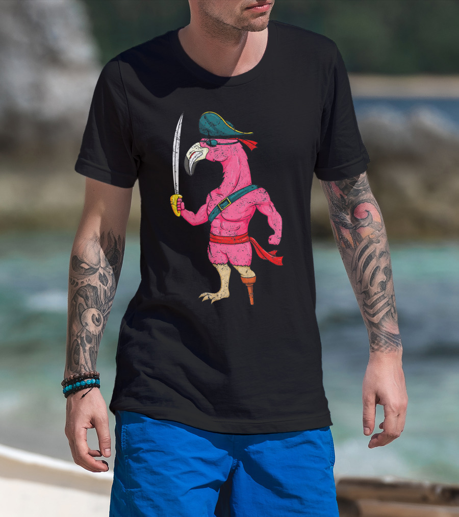 Vintage Pirate Pink Flamingo With Pirate Hat And Wooden Leg Sword T-Shirt