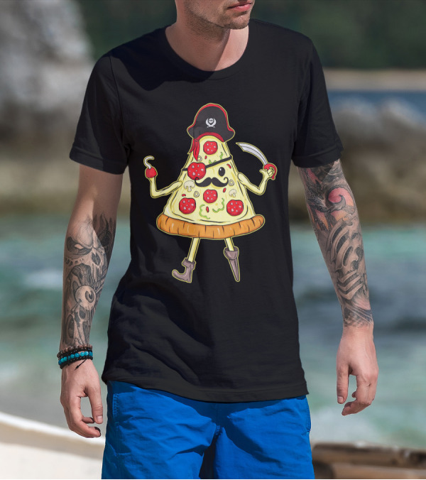 Funny Mustache Pirate Pizza Slice With Hook And Sword T-Shirt