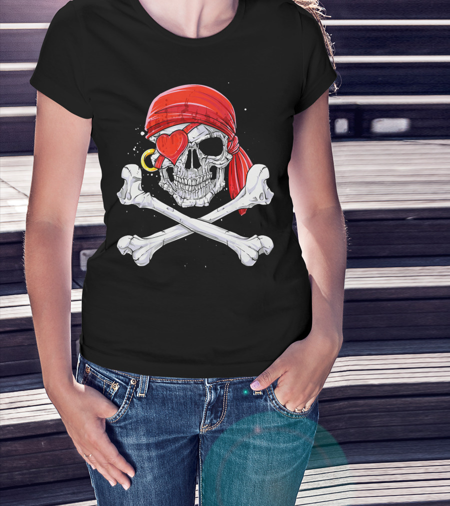 Valentines Day Pirate Skull With Red Bandana And Heart Eye Patch For Him T-Shirt
