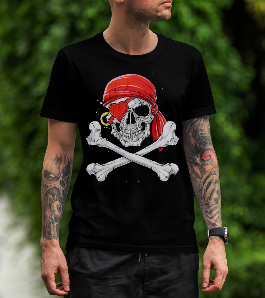 Valentines Day Pirate Skull With Red Bandana And Heart Eye Patch For Him T-Shirt