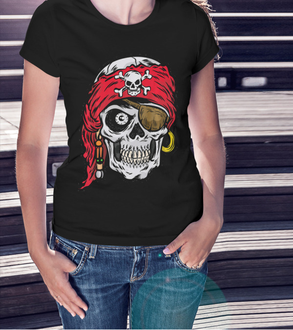 Pirate Skull With Red Bandana And Crossbones Eye Patch Jolly Roger T-Shirt