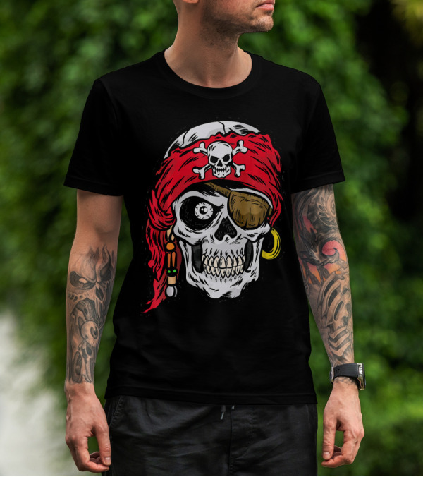 Pirate Skull With Red Bandana And Crossbones Eye Patch Jolly Roger T-Shirt