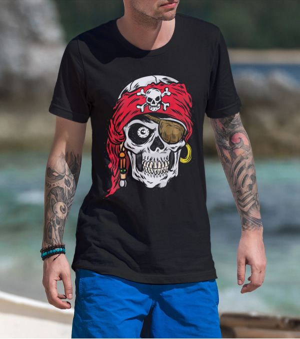 Pirate Skull With Red Bandana And Crossbones Eye Patch Jolly Roger T-Shirt