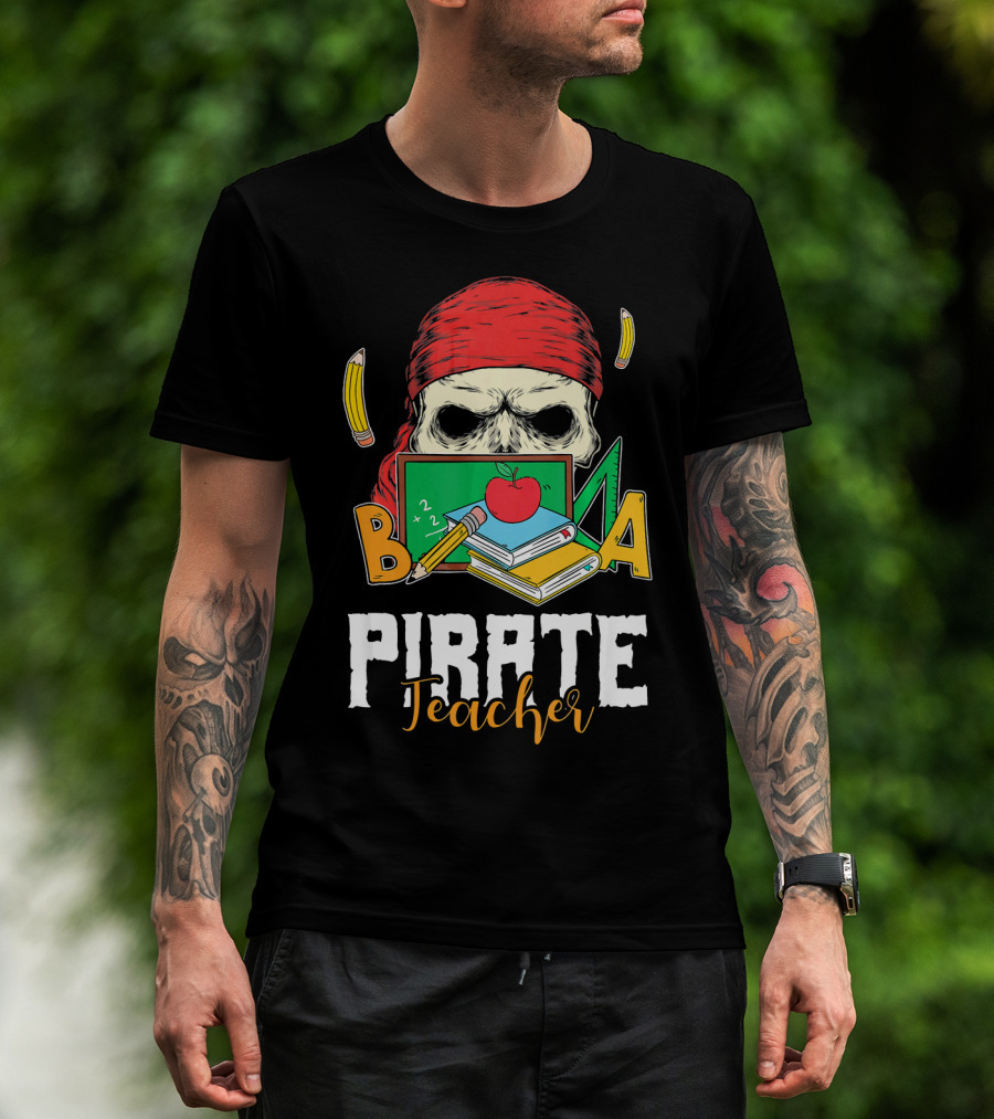 Pirate Teacher Skull Chalkboard Apple Pencils Books Bandana T-Shirt