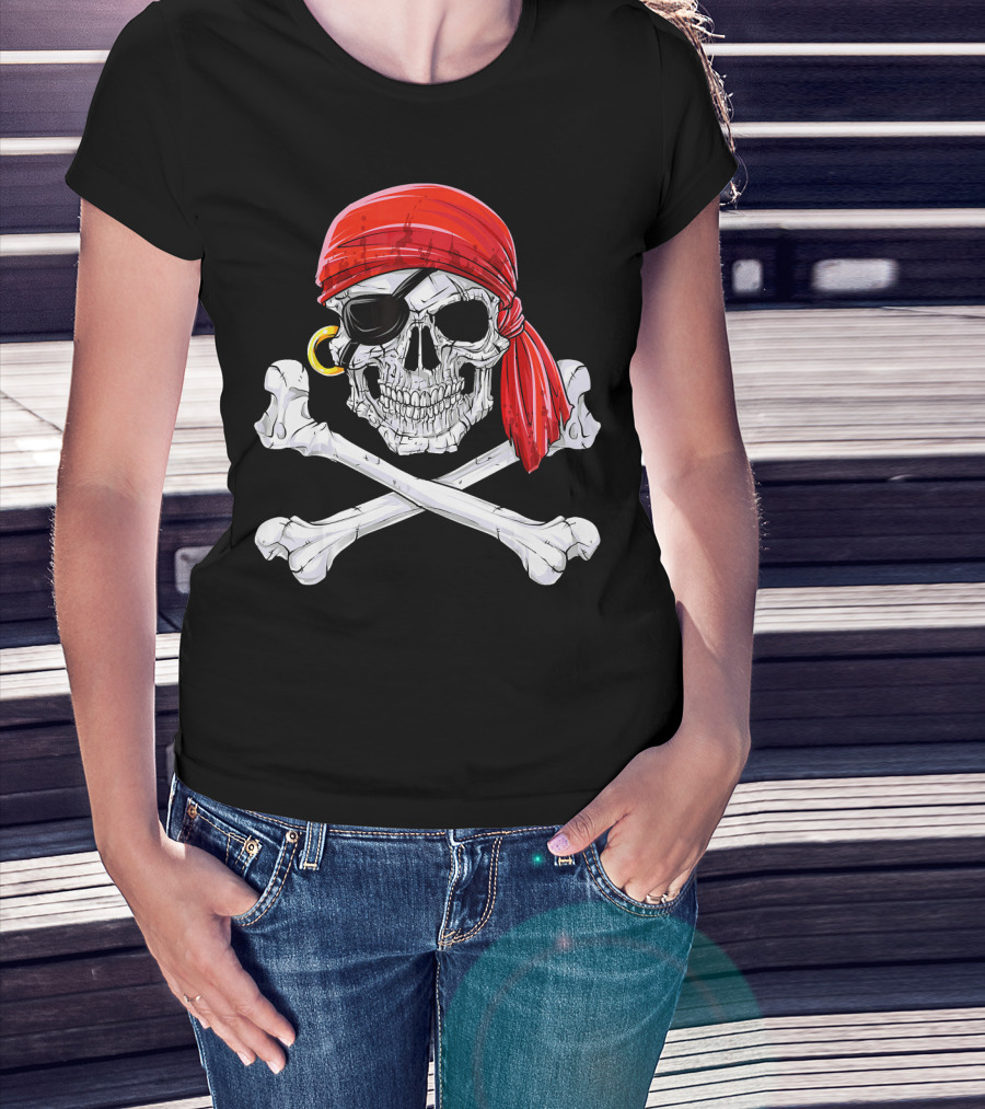 Jolly Roger Flag Skull And Crossbones With Red Bandana And Eyepatch T-Shirt