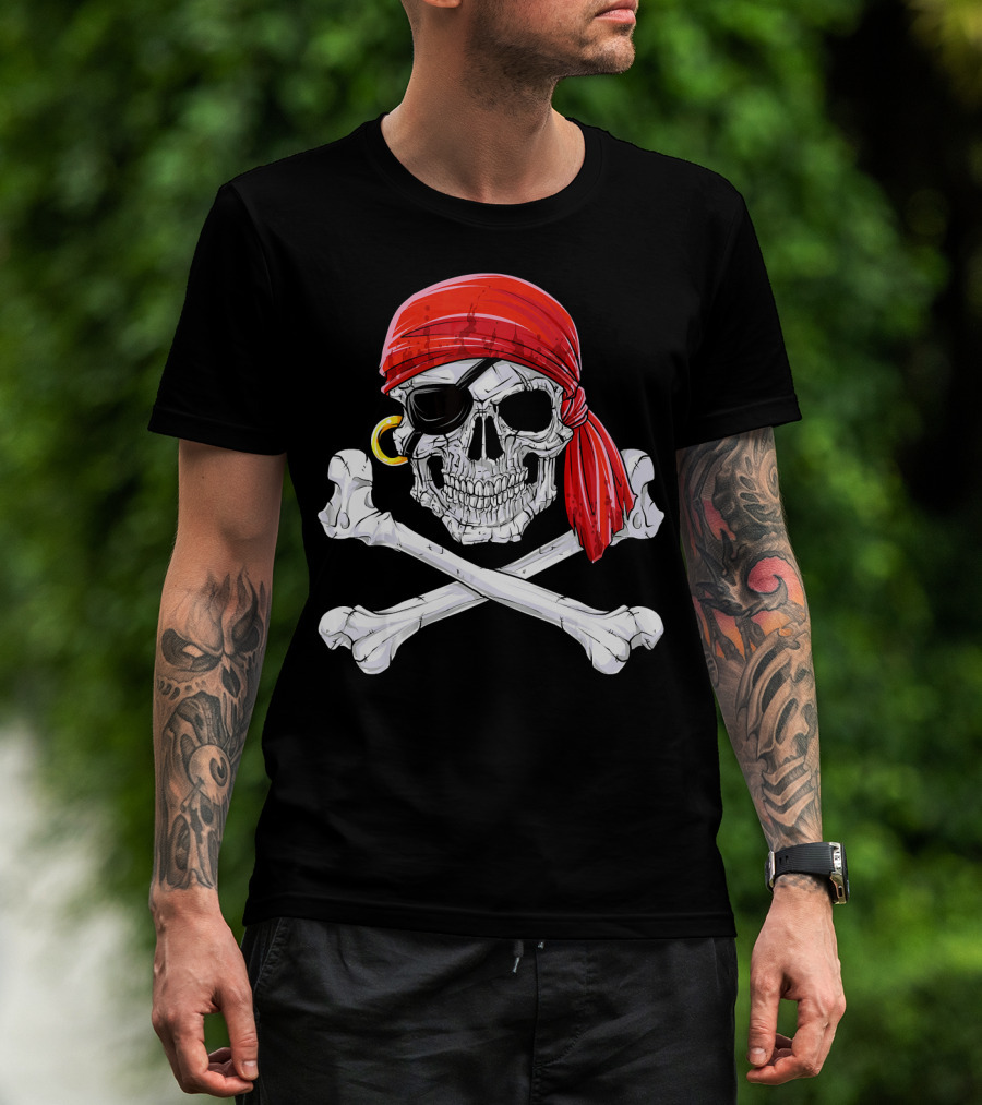 Jolly Roger Flag Skull And Crossbones With Red Bandana And Eyepatch T-Shirt