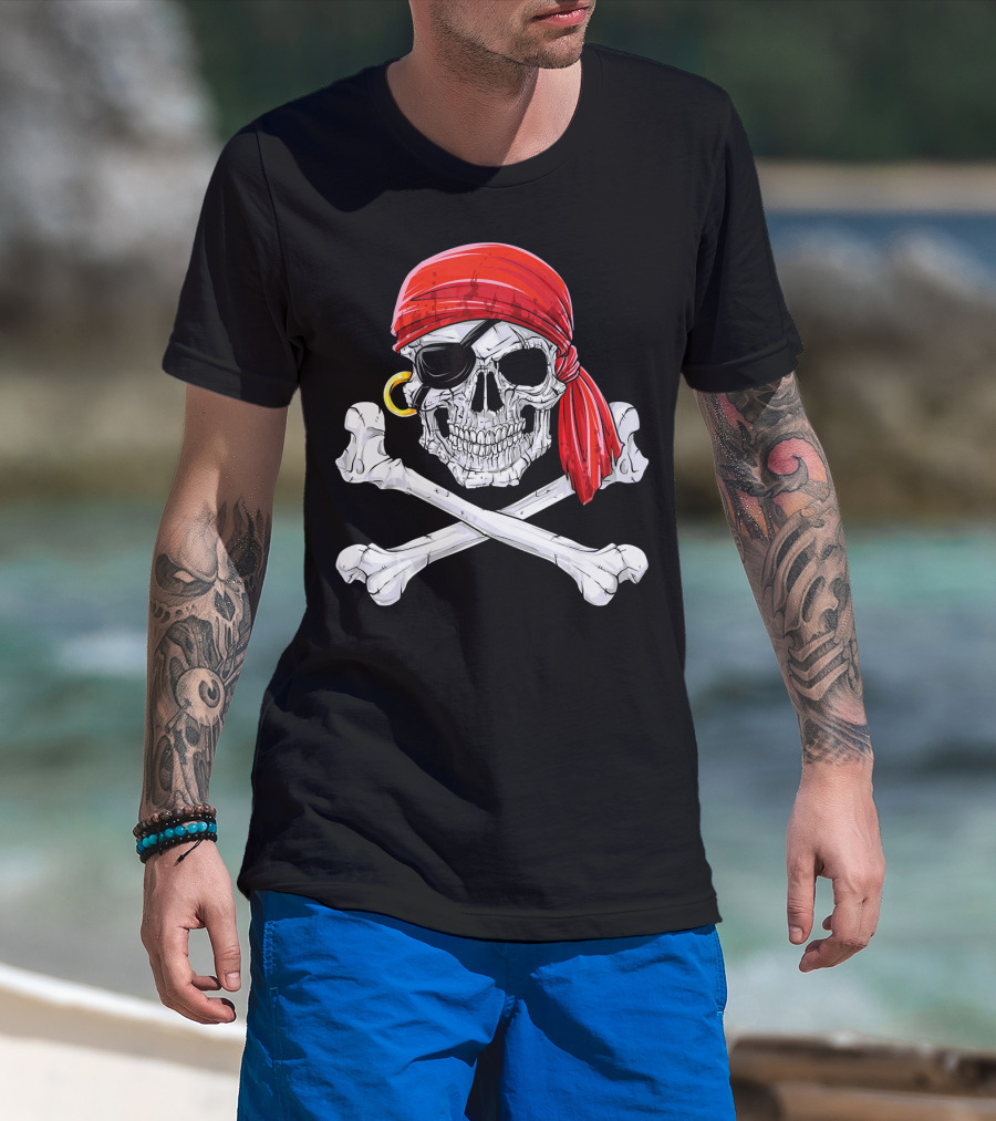 Jolly Roger Flag Skull And Crossbones With Red Bandana And Eyepatch T-Shirt