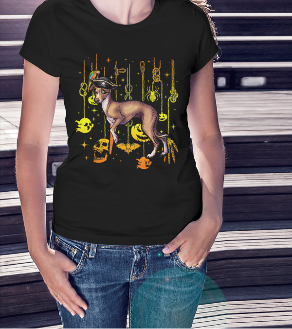 Italian Greyhound Pirate Dog With Halloween Ghosts And Skulls T-Shirt