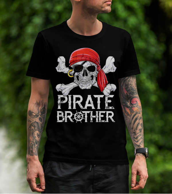 Pirate Brother Skull With Eyepatch And Red Bandana Jolly Roger Flag T-Shirt