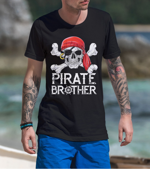 Pirate Brother Skull With Eyepatch And Red Bandana Jolly Roger Flag T-Shirt