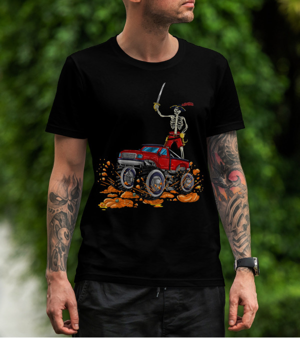 Halloween Skeleton Pirate Riding Monster Truck Over Pumpkins T-Shirt