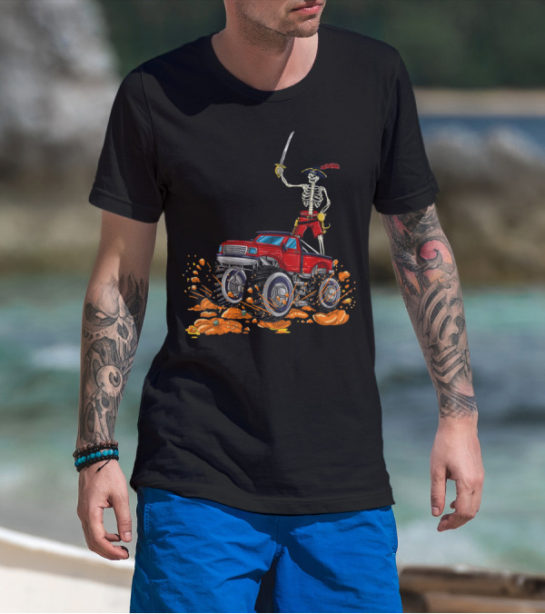 Halloween Skeleton Pirate Riding Monster Truck Over Pumpkins T-Shirt
