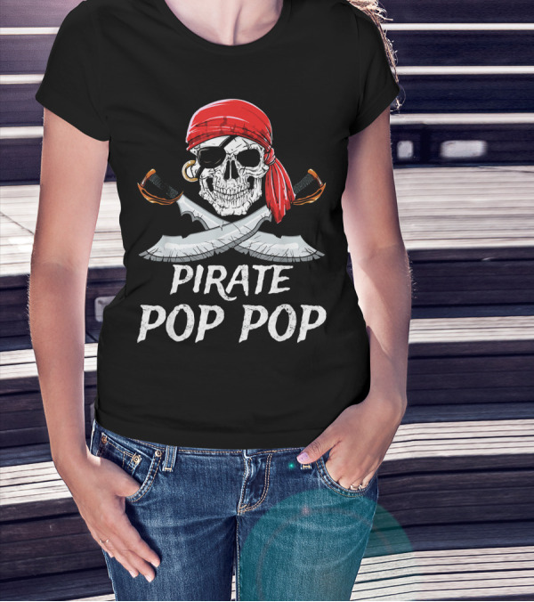 Pirate Pop Pop Skull With Red Bandana And Crossed Swords T-Shirt