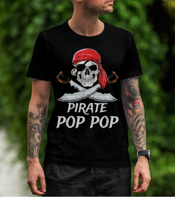 Pirate Pop Pop Skull With Red Bandana And Crossed Swords T-Shirt