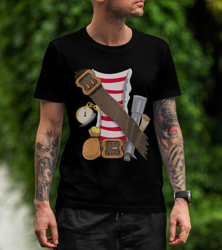 Kids Pirate Buccaneer Striped Shirt With Compass And Treasure Elements T-Shirt
