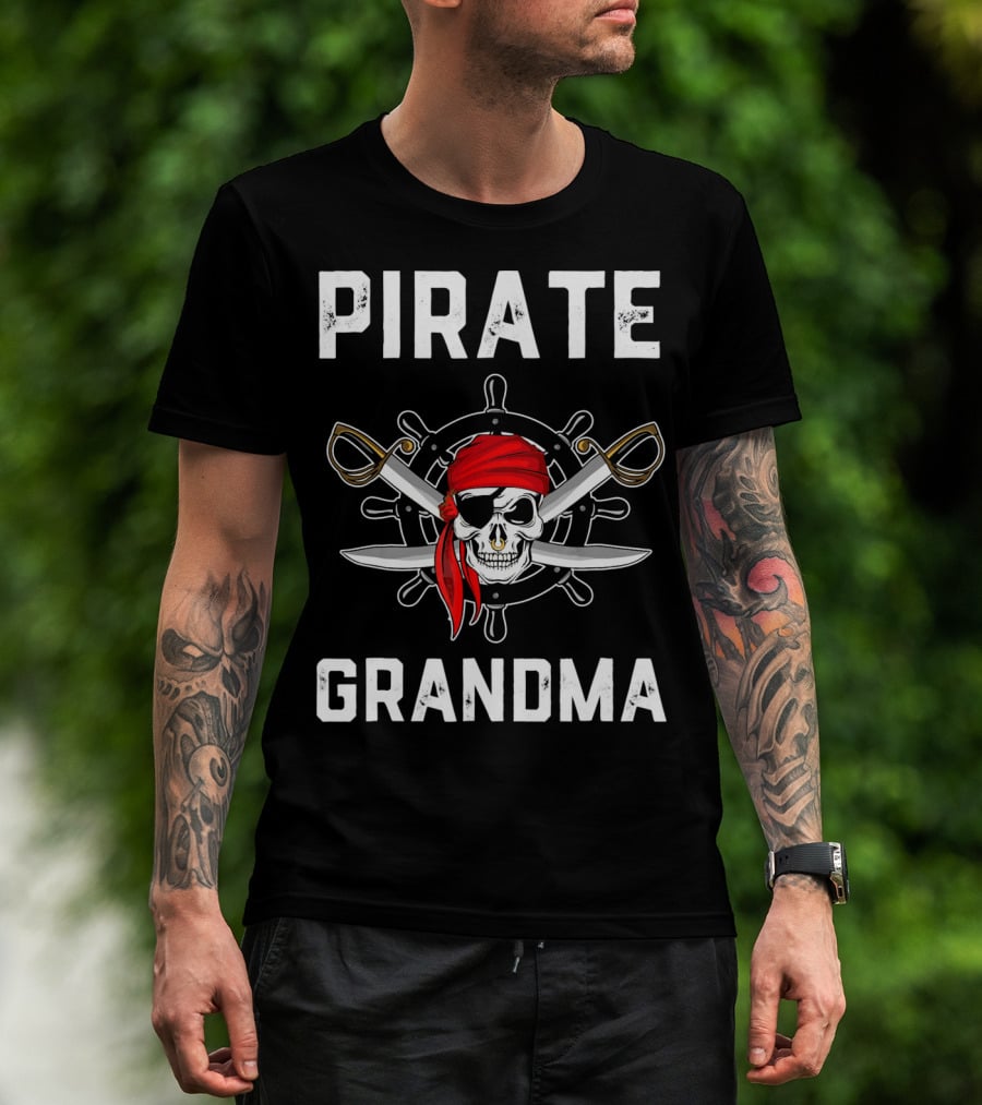 Pirate Grandma Skull With Red Bandana And Crossed Swords T-Shirt