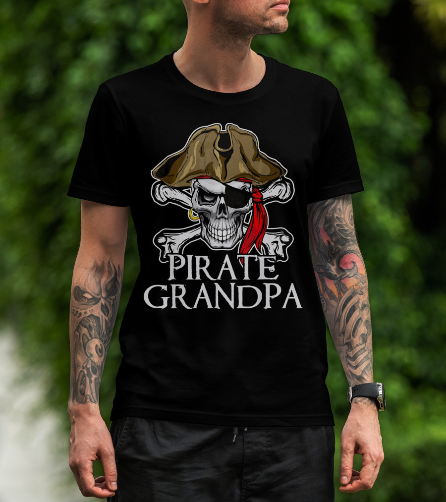 Pirate Grandpa Skull Crossbones Hat Eye Patch Red Bandana T-Shirt