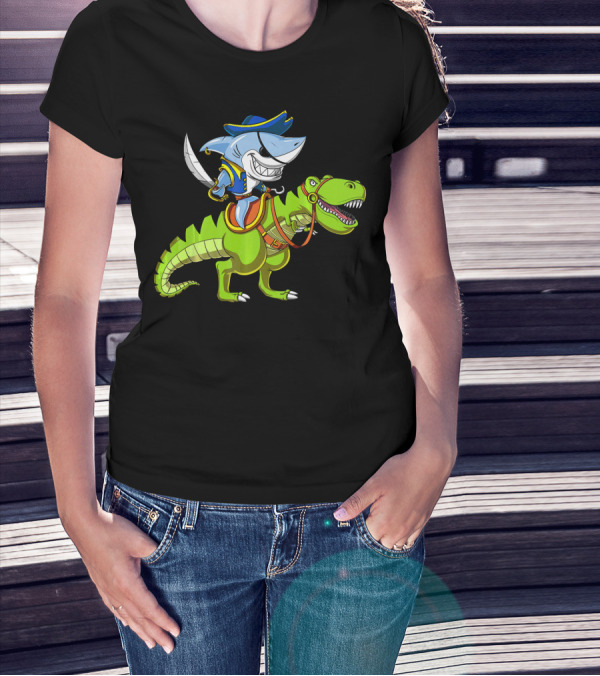 Shark Pirate On T-Rex Dinosaur T-Shirt