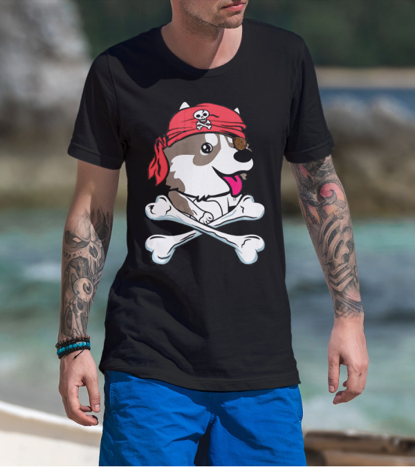 Husky Pirate Halloween Dog Crossbones Hat T-Shirt