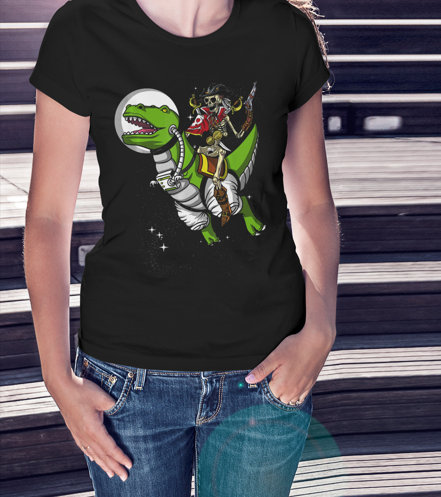 Skeleton Pirate Riding T-Rex Dinosaur With Spacesuit And Blaster T-Shirt
