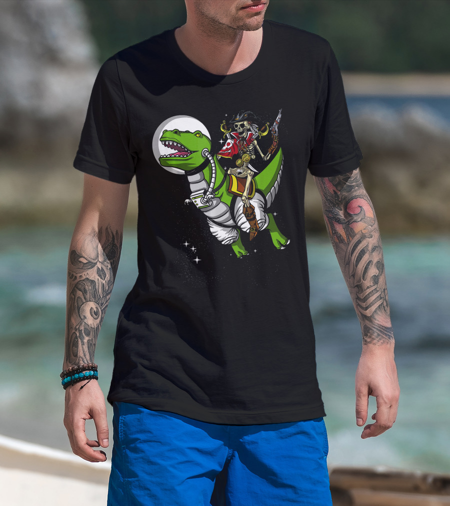 Skeleton Pirate Riding T-Rex Dinosaur With Spacesuit And Blaster T-Shirt