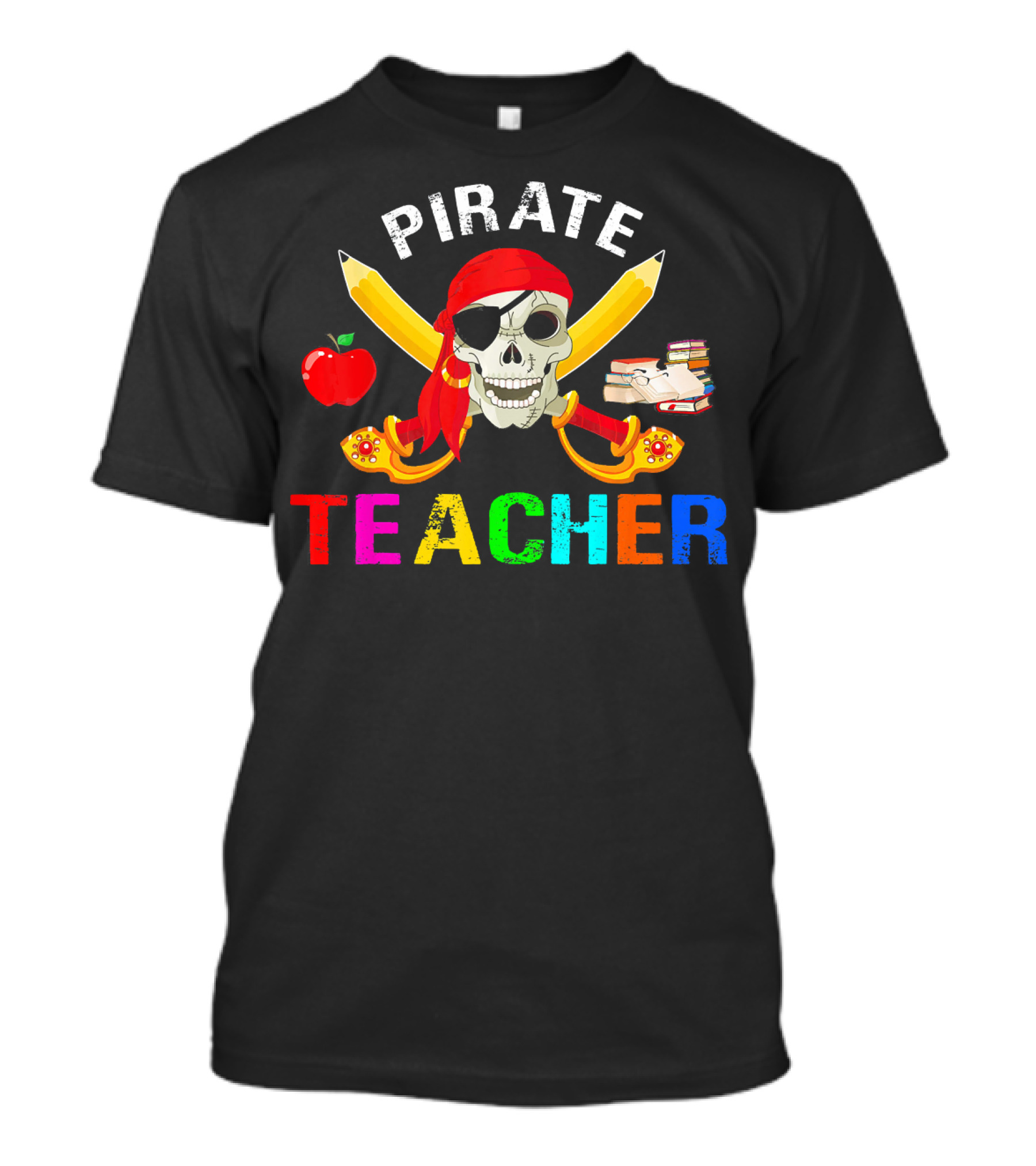 Pirate Teacher Skull Apple Books Halloween T-Shirt