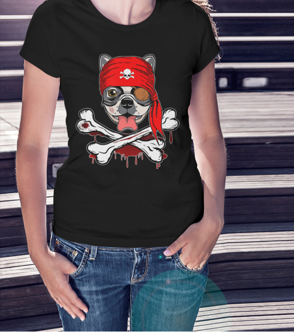 Funny Pirate French Bulldog With Skull Bandana And Crossbones T-Shirt