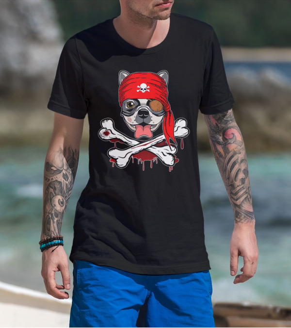 Funny Pirate French Bulldog With Skull Bandana And Crossbones T-Shirt