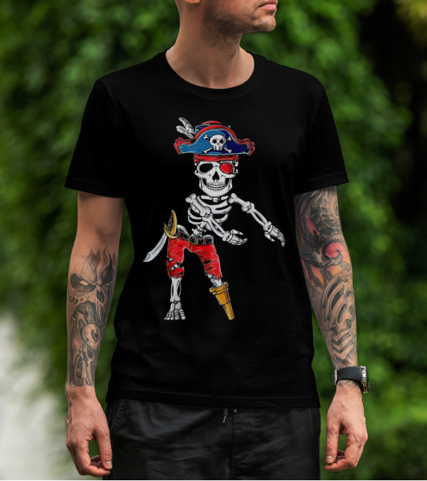 Pirate Skeleton Flossing Dance Red Pants Skull Hat Eyepatch Sword T-Shirt