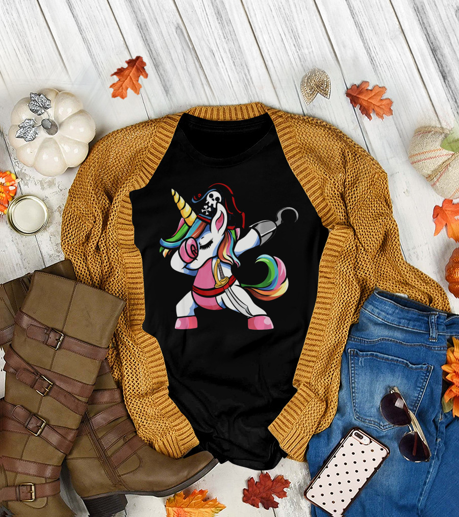 Halloween Dabbing Pirate Unicorn with Rainbow Mane and Hook T-Shirt