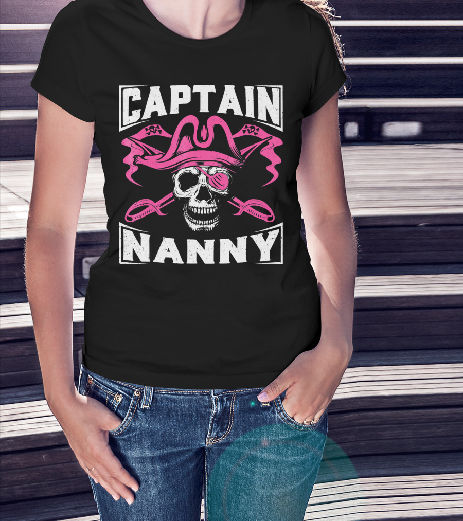 Captain Nanny Skull Pink Pirate Hat Crossed Swords T-Shirt