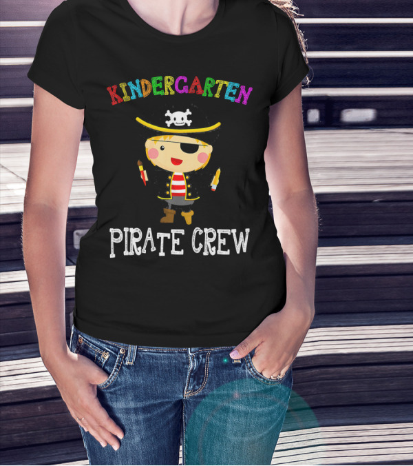 Kindergarten Pirate Crew Sketched Colorful Text With Pirate Boy Holding Crayons T-Shirt
