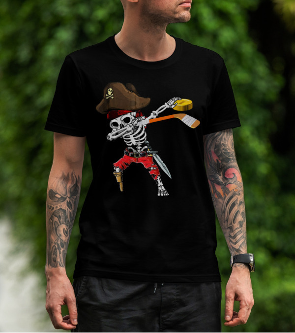 Dabbing Skeleton Jolly Roger Pirate Hockey Stick Ice T-Shirt