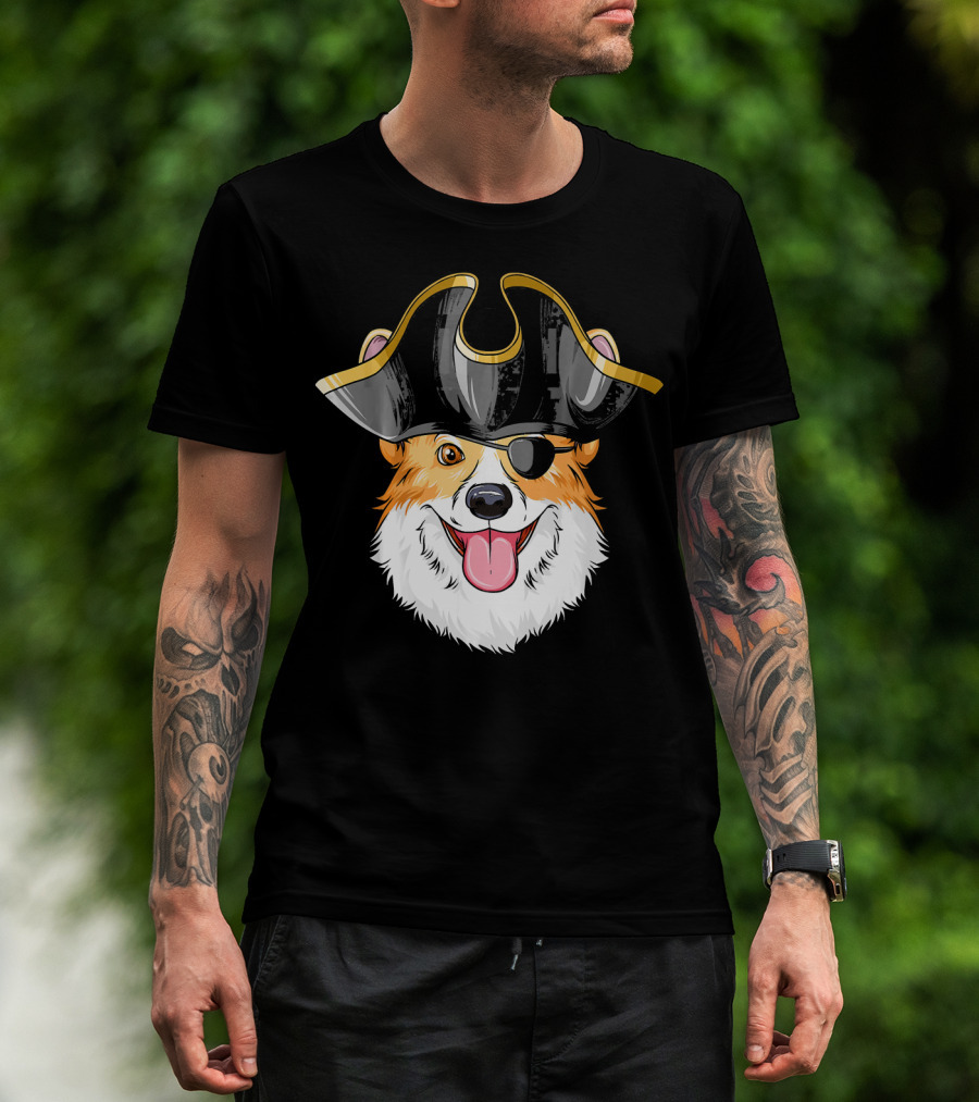 Pirate Corgi Wearing Black Tricorn Hat And Eye Patch T-Shirt