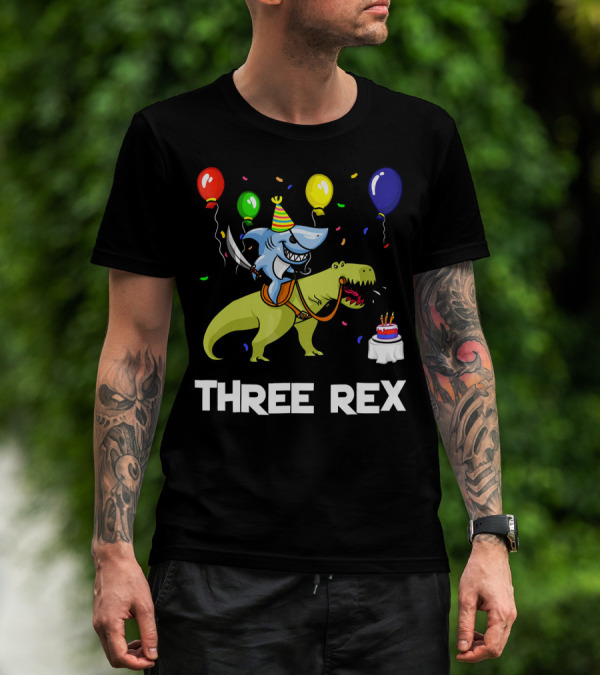 Three Rex Birthday Shark Pirate Riding Dinosaur With Balloons And Cake T-Shirt