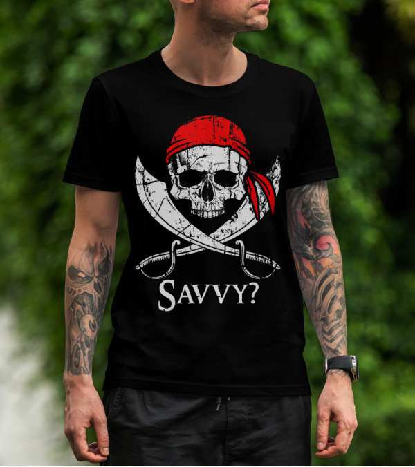 Savvy Pirate Skull And Crossbones With Red Bandana And Swords T-Shirt