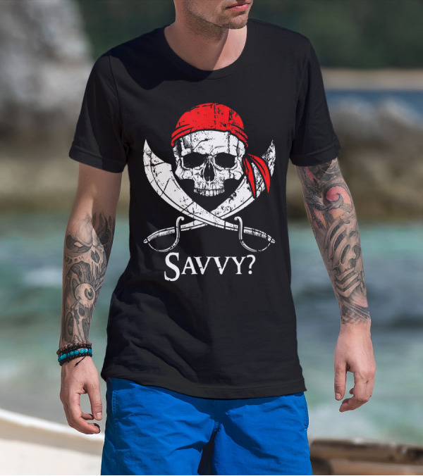 Savvy Pirate Skull And Crossbones With Red Bandana And Swords T-Shirt
