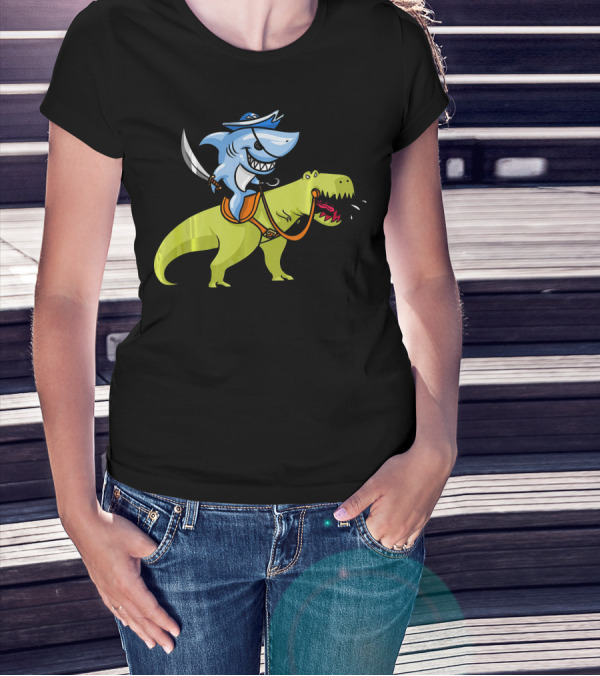 Shark Pirate Riding T-Rex Dinosaur Fun Adventure T-Shirt