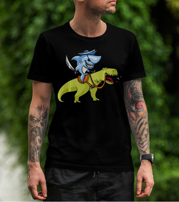Shark Pirate Riding T-Rex Dinosaur Fun Adventure T-Shirt